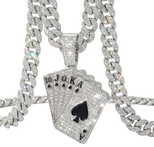 LCWLJL Iced Out Miami Cuban Link Chain with Royal Flush Playing Card Pendant, 20 inch Silver Gold Plated Hip Hop Necklace, Lucky Casino Charm Jewelry for Men Women silver