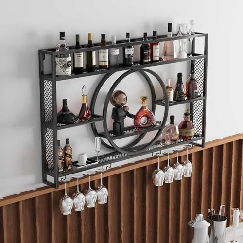 WXZXWXZX Weinregal Wand Metall Flaschenregal Schmal Wine Rack Bar Regal Wand mit Weinglashalter Getränkeregal Weinständer Esszimmermöbel für Bartheke Wohnzimmer Küche Home Bar(Nero,120cm/47.24in)