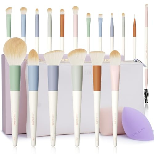 LULUCOLORS 18 st färgglada sminkborstset med makeupsvamp och resepåse – grymhetsfria borst, viktiga borstar för alla sminkbehov och resevänliga