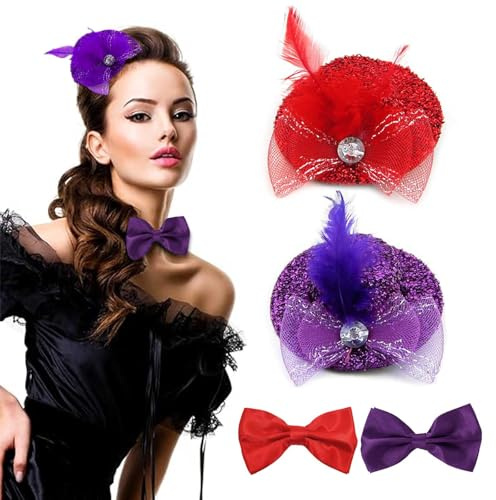 IBMLOMM Vintage Fascinators Hut 20er 50er Blume Federkleid Kopfschmuck –Rot, Lila Elegante Damen-Fascinators im Audrey-Hepburn-Stil mit passenden Schleifen