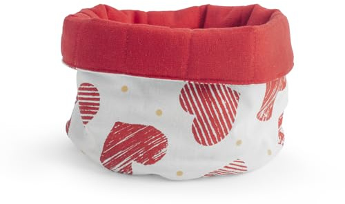 H&H, cestino pane, in tessuto, decoro cuori, rosso e bianco, 16 cm