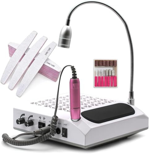 K2 Store - Fresa da Unghie 4 in 1 Con Aspiratore 60w e filtro lavabile con Fresa Unghie Elettrico 30000 giri e Lampada Led 5w Bianco Freddo + 50 Lime Lime A Mezza Luna Bilaterale Grana 100/180