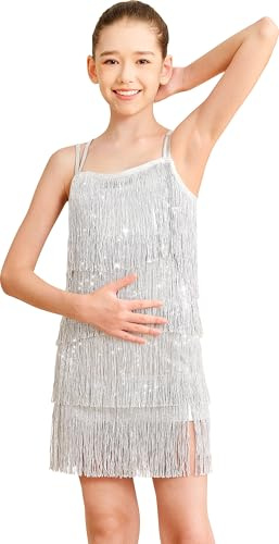 Mulnall Vestito da ragazza latina con nappe scintillante vintage da ballo per bambini costume con frange liriche gonna da ballo doppia incrocio sulla schiena performance da ballo da sala festa