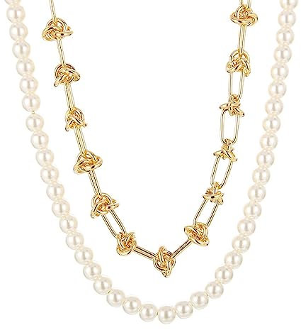 Musihy Kette Ohne Anhänger Gold, Edelstahl Doppellagige Knotenkette und Perlenkette Halskette 52cm für Damen