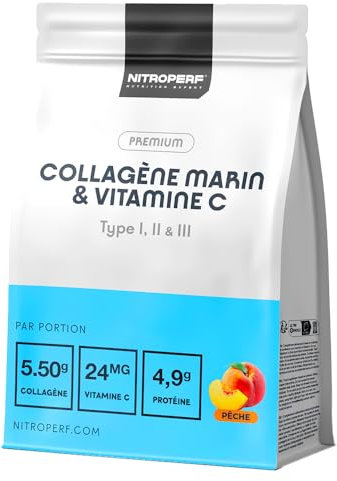 NITROPERF Collagène Marin Types 1 2 3 + Vitamine C 5,5g Collagène Hydrolysé, 4,9g Protéines, 24mg Vit C - Peau, Articulations & Cheveux -180gr en poudre Goût Pêche