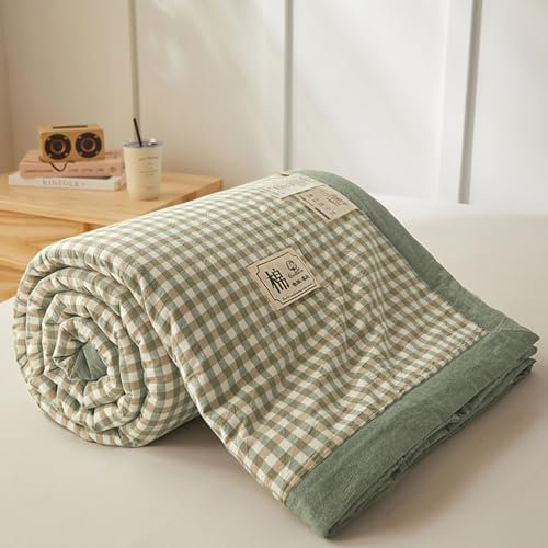 DOTBUY-SHOP Cotton Quilted Bedspreads, Check Quilt Bed Throws Cotton Filling Duvet Super King Single Double Size Children's Bed Quilted Throw for All Season (Light Green,200x230cm)
