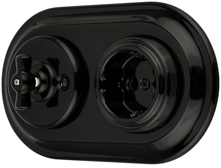 Unterputz Porzellan Retro Steckdose, Rotary Schalter, 2-fach, All-in-One, SET Serie PR1 schwarz