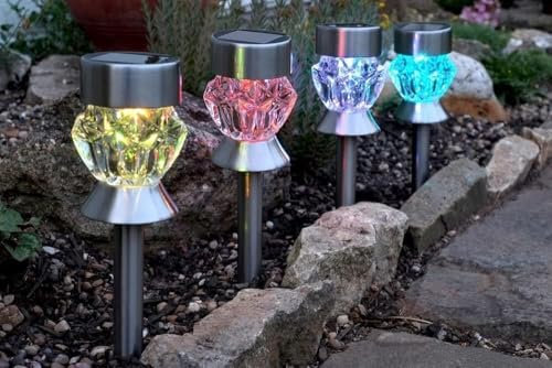 Garden Mile 4Pcs Solar Lights Outdoor Garden Stake Light Waterproof Multicolor Garden Lights for Hallways Pathway Rechargeable Auto ON/Off Stainless Steel Outside (8X Multi LED Solar Stakes)