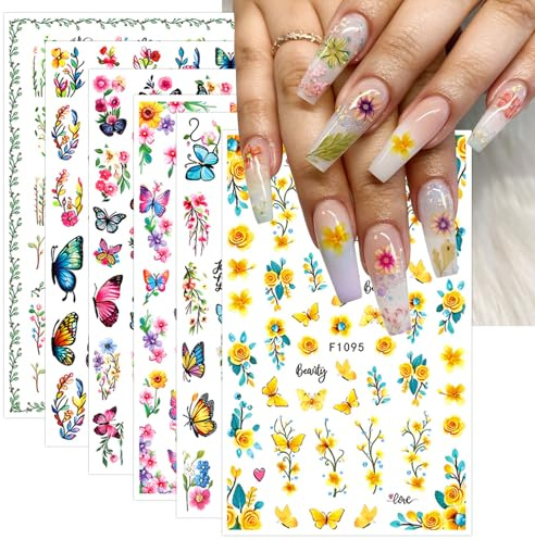 JMEOWIO Nagelsticker Blumen Schmetterling 10 Blatt Nail Art Sticker Selbstklebend Nagelaufkleber Dekoration Nageldesign Zubehör