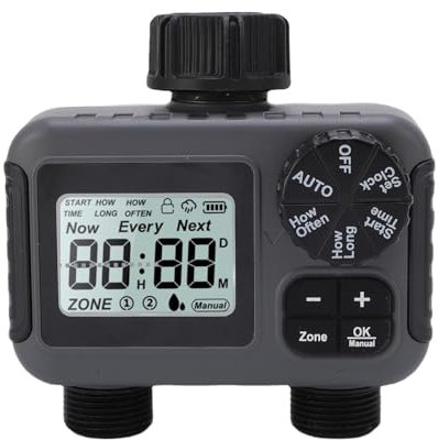 Wassertimer, 2 Outlet -Sprinkler -Timer, Programmierbare Schlauchwässerung Timer, Manuelle/automatische Bewässerung, IPX5 Wasserdicht für Garten, Rasen, Schwimmbad