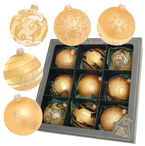 Krebs Glas Lauscha - Weihnachtsdekoration/Christbaumschmuck aus Glas - Satin-Glaskugelsortiment - Farbe: Gold - Inhalt: 9 Stück - Größe: ca. 10 cm