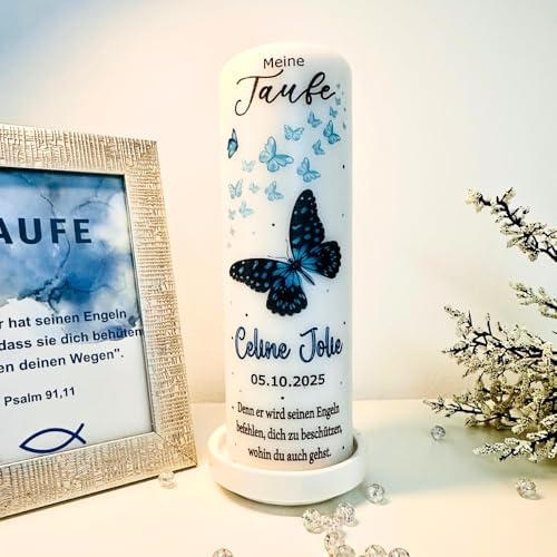 Taufkerze Mädchen oder Jungen mit Taufspruch, Motiv mit Schmetterlingen, 25cm x 8 cm, personalisierte Kerze, bedruckte Kerze zur Taufe, Stumpenkerze,Patenkerze, Taufgeschenk