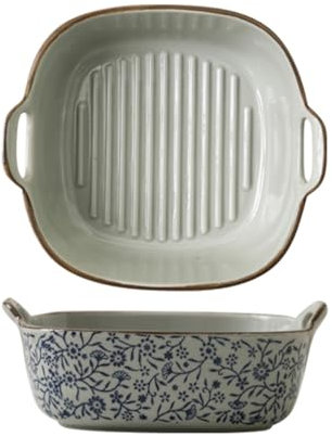 Dxcaicc Plat À Lasagnes en Céramique, Porcelaine Bleue Et Blanche, Bol Carré À Double Poignée De 7 Pouces, Plaque De Cuisson, Motif De Plantes Peintes À La Main, Cadeau,Lucky Flower