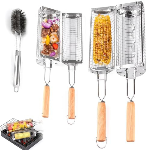 2PCS Nesting Grill Baskets with Brush, 304 Stainless Steel, Removable Wooden Handle – BBQ Accessories for Vegetables, Shrimp, Meat – Perfect for Outdoor Cooking, Camping, Gifts for Men, Dad, Husband