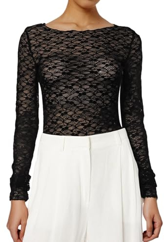 Nouveau T-shirt transparent à manches longues en dentelle pour femme avec motif floral et haut en résille, Noir , M