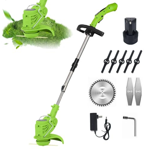 Desbrozadora eléctrica inalámbrica de 12 V, 3 cuchillas corte hilo jardín, regulación de ángulo 90 °, corte de borde inalámbrico con batería, longitud ajustable 90 – 120 cm, para jardín, césped (1