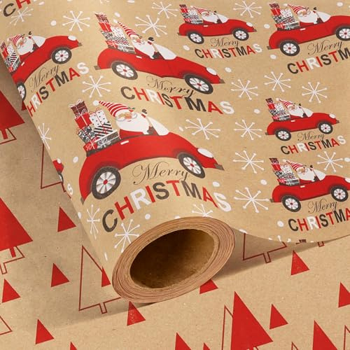 SHUCHING Doppelseitiges Geschenkpapier Weihnachten 43 cm x 10 m, Kraftpapier mit Roter Weihnachtsbaum und Geschenkwagen für Kinder Mädchen Junge Frauen Männer Partys