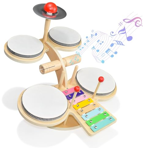 BOBOBARK Kids Wooden Drum Kit Musical Instruments Set, Baby & Toddler Drum with Xylophone, Drums & Cymbals – Montessori Music Toys for Boys Girls Ages 1–3 3-5