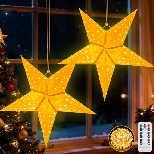 2 Stück Papiersterne zum Aufhängen,45cm LED Papierstern Beleuchtet zum Aufhängen,Weihnachten mit Timer und 8 Beleuchtungsmodi,Weihnachtsstern Beleuchtet,Sterne Papier zum Fensterdeko