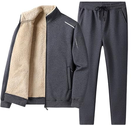 Generisch Tuta invernale da uomo con fodera in pile Sherpa – Tuta da jogging calda in 2 pezzi con giacca e pantaloni imbottiti | Tuta per il tempo libero per le giornate fredde, Stil_y02 Grigio, 3XL