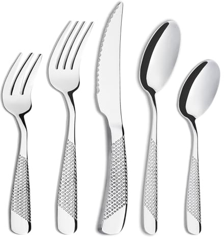 Joeczo Set de 30 couverts de table, couverts en inox pour 6 personnes | 6 fourchettes de table, 6 couteaux, 6 cuillères, 6 cuillere a cafe, 6 fourchettes à dessert, manches motif étoile-diamant