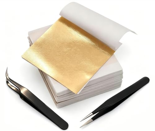 200 Gold Leaf Sheets for Crafts & Art | 8x8cm Gold Leaf Sheets with Tweezers - for Gilding, Nail Art, DIY Decor, Furniture, Home & Canvas