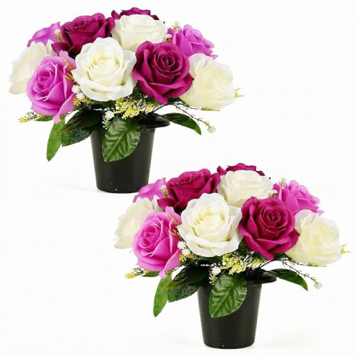Fuyuleyo 2 Pack Artificial Grave Flowers in Pots, 30cm Silk Flowers for Graves Memorial Cemetery Flower, Weatherproof UV Resistant Funeral Arrangements for Outdoor Graveside Ornaments, Purple