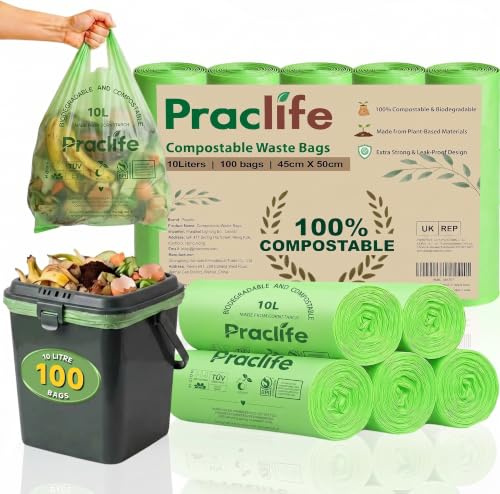 Compostable Food Waste Bags 10L, 100 Counts Biodegradable Caddy Bin Liners Tie Handle, EN13432 Certificate, Small Kitchen Recycling Garbage Trash Bags, Green (V)