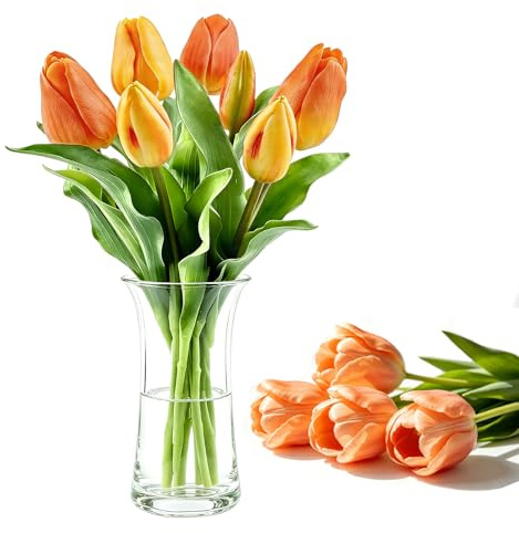 Morofme Orange Tulpen Künstlich 7 Stück, Künstliche Tulpen Latex, Hochwertig Kunsttulpen mit Knospen/Blüten, Tulpen wie echt für DIY, Hochzeitssträußen, Muttertag, Wohnen Zimmer Esstisch Büro Deko