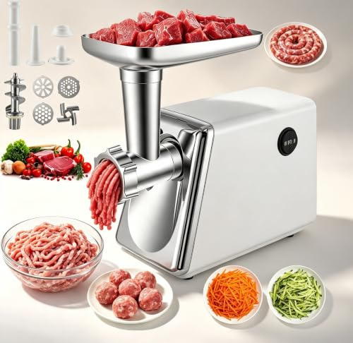 Electric Meat Grinder, 3-in-1 Meat Mincer Machine with Stainless Steel Grinding Attachment, Sausage Stuffer & Kubbe Kit, 3 Grinding Plates, Home Kitchen Food Grinder for Meat Vegetables