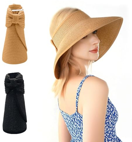 Leikedun 2Pcs Straw Hats Foldable Sun Visors for Women Sun Hats with Wide Brim Ponytail Summer Beach Hat(Black, Khak)