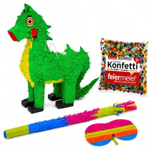 Pinata-Set | 4-tlg. mit Augenmaske, Schlagstock und Konfetti (Grüner Drache | 45x14x48cm)