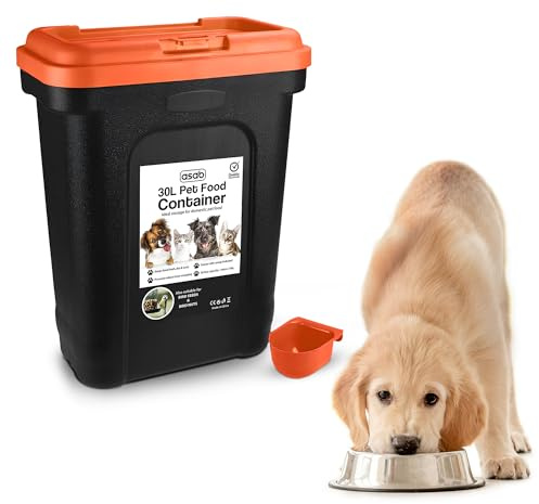 ASAB Pet Food Storage Container Large 30L/15kg Plastic Food Storage Container With Integrated Food Scoop and Flip Top Locking System Perfect for Dog Treats Dog Food and Kitten Food (Red, Large)