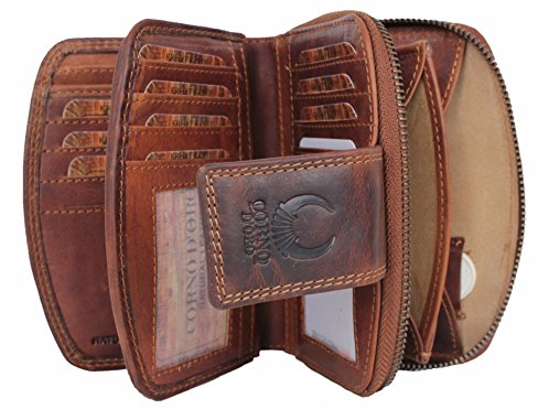 Corno d´Oro Premium Geldbörse Damen Leder Groß Viele Fächer Mittelgroß I Handgefertigtes Portemonnaie mit RFID TÜV-geprüft Echt Leder Vintage I Geldbeutel Frauen Braun in Geschenkbox