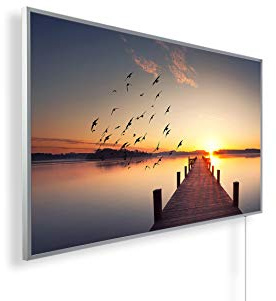 Könighaus Bildheizung 800 Watt - Smart App - 11-21 m² | Motiv: 02. Steg Vögel, Weißer Rahmen, TÜV SÜD, Smart Thermostat, Könighaus App