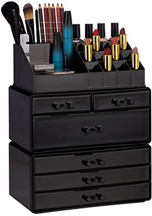 Relaxdays Kosmetikorganizer mit 6 Schubladen, 22 Fächer Make Up Organizer, große Schmink-Aufbewahrung aus Acryl, schwarz, 29 x 23,5 x 14 cm