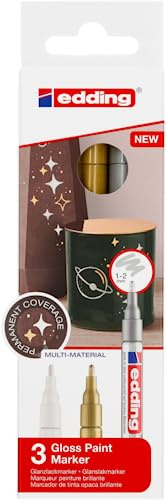 edding 751 Glanzlackmarker - weiß, gold, silber (metallic) - 3er Set Lackmarker - Rundspitze 1-2 mm - Lackstift für Glas, Stein, Holz, Kunststoff und Papier - wasserfest, stark deckend