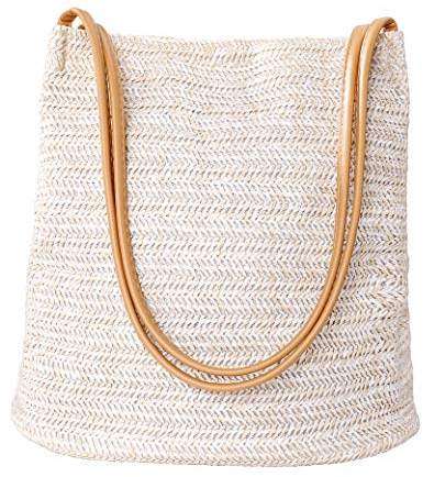 MaoXinTek Strohtaschen Damen Stroh Handtasche Sommer Handarbeit Umhängetasche Böhmische Handgewebt Schultertaschen Beuteltasche für Frauen Reisen Urlaub Freizeit Geflochten Beige