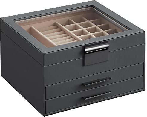 SONGMICS Schmuckkästchen, Schmuckkasten mit 3 Ebenen, Schmuckbox mit Glasdeckel, 2 Schubladen, Schmuckaufbewahrung, viel Stauraum, modern, Geschenk für Ihre Liebsten, interstellargrau-silbern JBC239GY