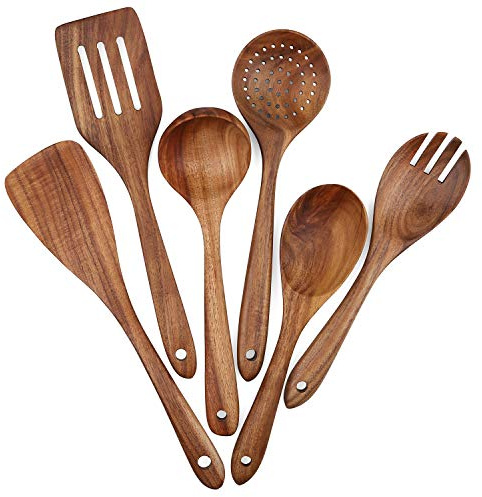 Köksredskap i trä set med 6 delar trä köksredskap set för non-stick köksredskap träspatel, gaffel, svarvare, slev, silskedar (6)