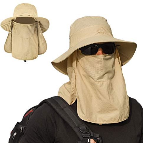 TMEOG Cappello Sole Anti UV Uomo Donna Cappelli da Pescatore con Protezione Collo, Cappello Trekking Safari Deserto Esterno Cappelli da Escursionismo Baseball con Visiera Copriviso(Kaki)