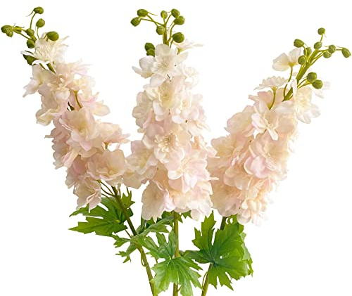 YalzoneMet Light Pink Artificial Delphinium Latex Flower 3 Pcs 31.5 inches Long Stem Fake Larkspur Lifelike Real Touch for Tall Vase Home Table Decor Wedding Arrangement Decoration (X070)
