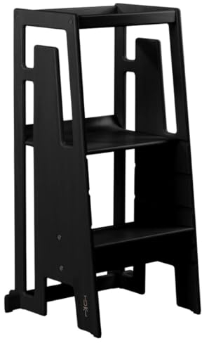 Tuki Lernturm ab 1 Jahr für Kinder Schwarz | Höhenverstellbar, hohe Standsicherheit, ergonomisches Design | Langlebiger Montessori Learning Tower hilft bei Motorik & Lernen