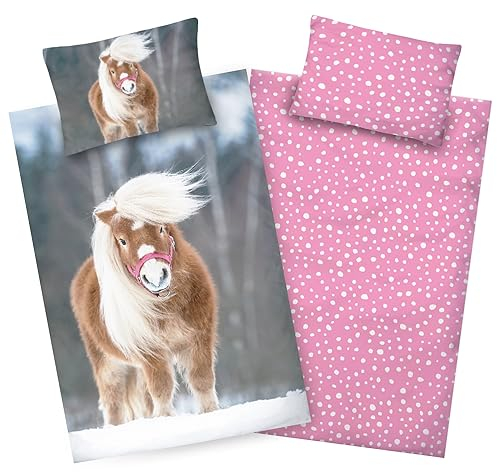 Aminata Kids barnsängkläder 100 x 135 flickor hästar rosa bomull med YKK-dragkedja vändbara sängkläder för barn ponny motiv