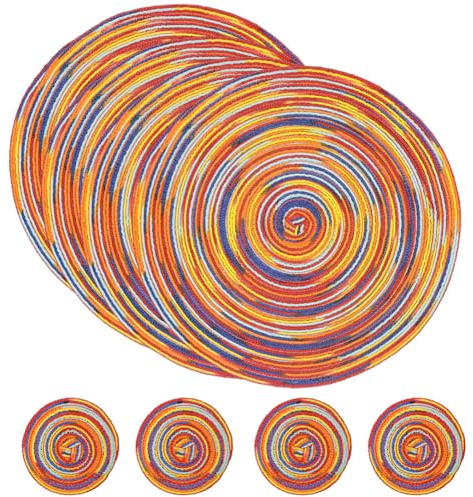 SCF2017 Tovagliette Rotonde Colazione in Cotone Intrecciato, Sottopiatti Rotondi Resistenti al Calore, 38 cm e 11 cm, Set da 4, Colore Rosso Arcobaleno