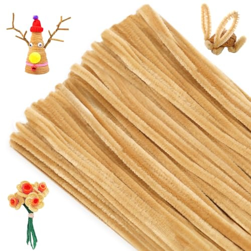G2PLUS 100PCS Limpiapipas Manualidades Marrón Claro,Limpia Pipas 6mmx30cm | Pipe Cleaner Tallos de Chenilla Suaves para decoración de Navidad y fiestas,manualidades y DIY