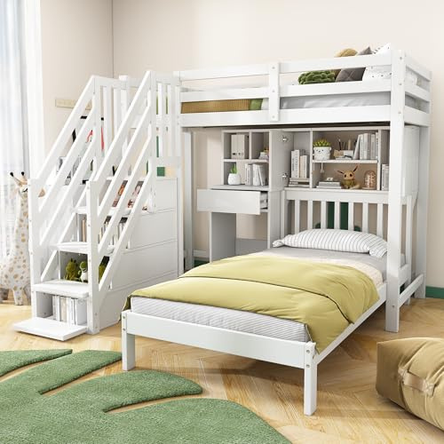 Idemon Etagenbett 90×200 cm EN747-1 Zertifiziert (weiß, mit Schreibtisch & Treppenstauraum)，Multifunktions-Kinderbett mit Kiefernholz-Geländer & Lattenrost，Ohne Matratze