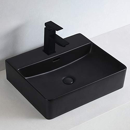 BERNSTEIN Aufsatzwaschbecken KW6146 in Schwarz matt aus Keramik - 50 x 42 x 12,5 cm - 5 Jahre Garantie - Waschbecken mit Hahnlochbank mit Ablaufgarnitur und Blende in Weiß - auch Wandmontage möglich