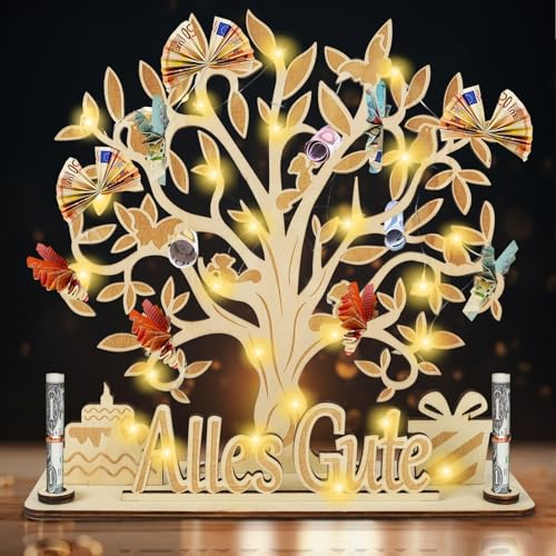 Johiux LED Geldgeschenke Verpackung,Personalisierte Geldgeschenke Geburtstag aus Holz,Geldgeschenk Hochzeit,Geldbaum Geldgeschenke Geburtstag für Männer Frauen,Lebensbaum Wunscherfüller Geldgeschenk