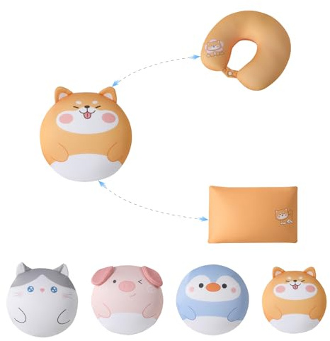 Kinderreisekissen Schlafkissen Plüschtier 3 in 1 Wandlungsfähiges Kinder-Nackenkissen, U-förmiges Kissen verwandelt sich in Kuschelkissen süße Puppe zum Schlafen & Spielen für unterwegs (Shiba Inu)